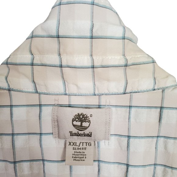Timberland Mens Sz XXL Shirt Slim Fit Button Up Textured Camp 100% Cotton Plaid - Picture 7 of 7